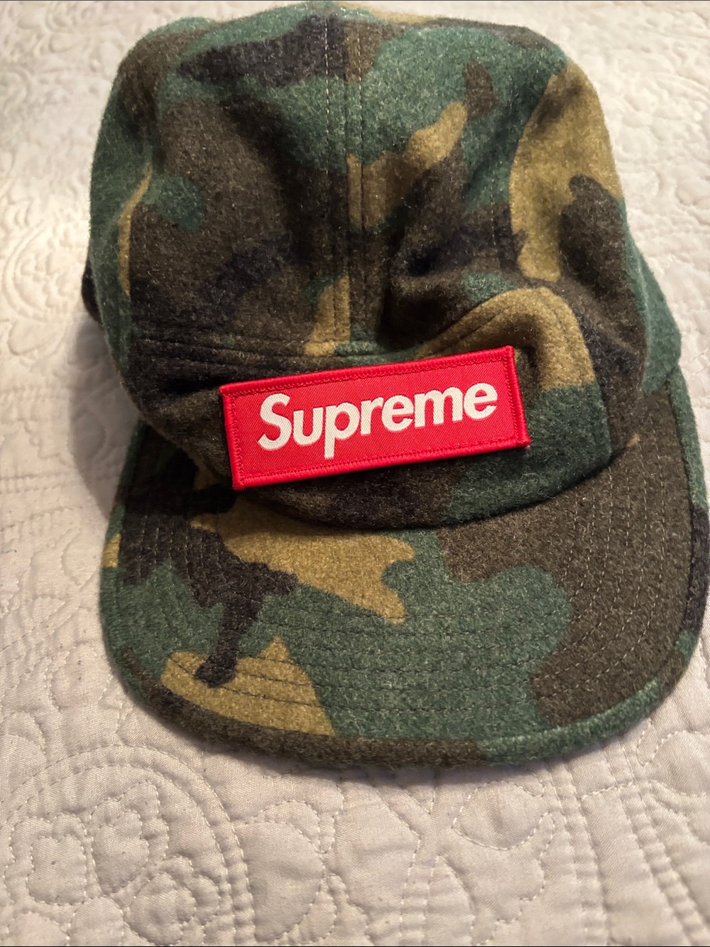 Supreme Mens Camo Five-Panel Cap with Red Logo